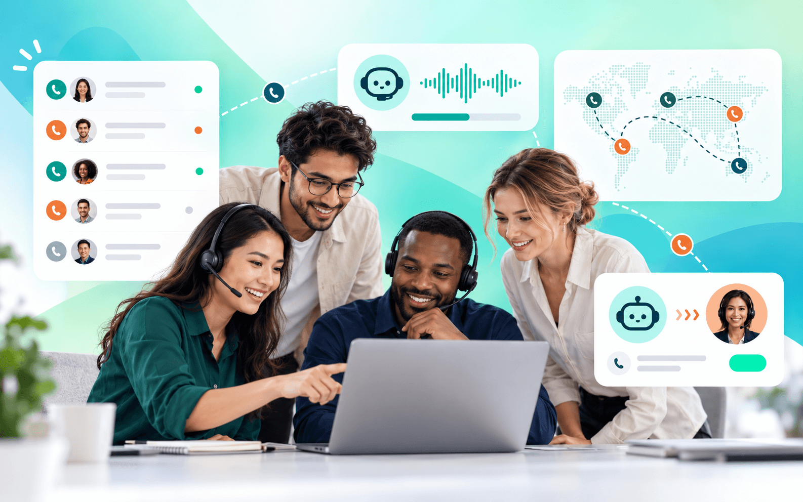Customer engagement team collaborating in a modern contact centre